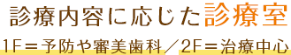 診療内容に応じた診療室 1F＝予防や審美歯科／2F＝治療中心